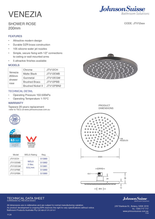 Johnsons Suisse Venezia Overhead Rain Shower With 300mm Ceiling Arm Chrome