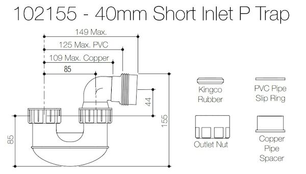 Caroma 40mm Short Inlet P Trap