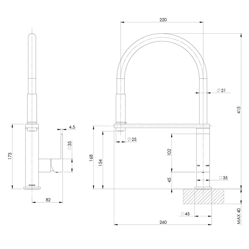 Phoenix Vezz Flexible Hose Sink Mixer 220mm Squareline – Lead Free