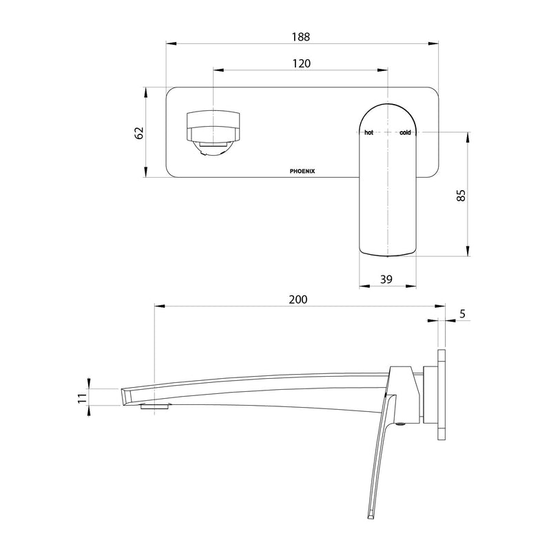 Phoenix Mekko SwitchMix Wall Basin / Bath Mixer Set 200mm Fit-Off Kit