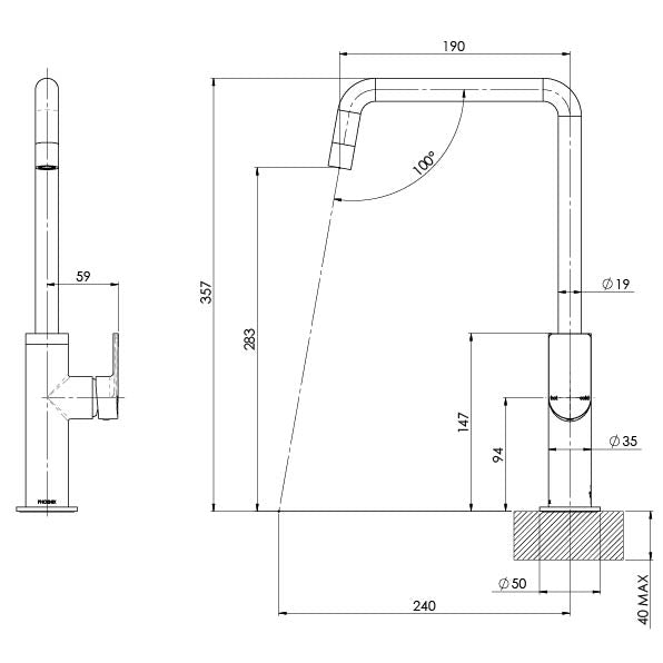 Phoenix Mekko Sink Mixer 190mm Squareline