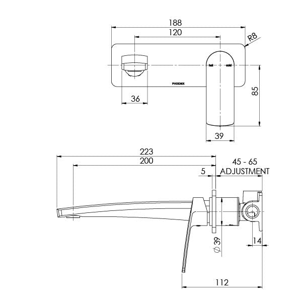 Phoenix Mekko Wall Basin / Bath Mixer Set 200mm