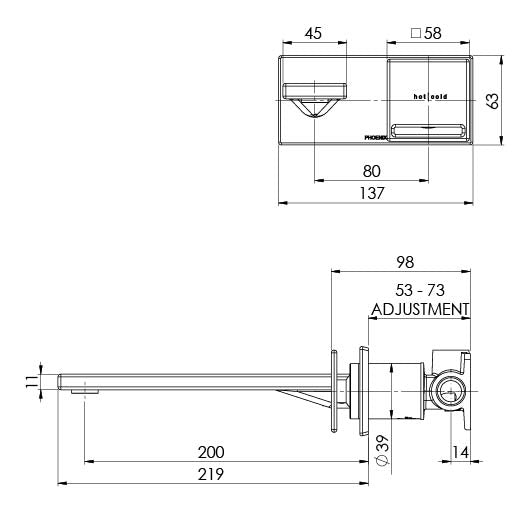 Phoenix Zimi Wall Basin / Bath Mixer Set 200mm (no handle)