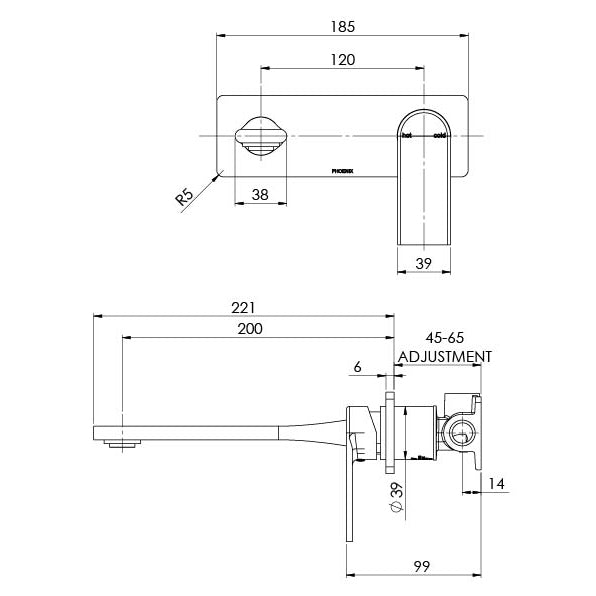 Phoenix Teel SwitchMix Wall Basin / Bath Mixer Set 200mm Fit-Off Kit