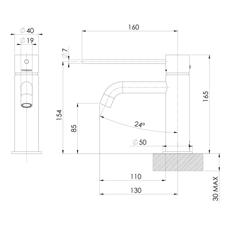Phoenix Vivid Slimline Basin Mixer Curved Outlet with Extended Lever