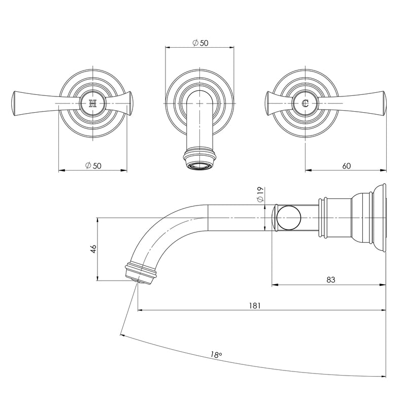 Phoenix Cromford Wall Basin / Bath Tap Set