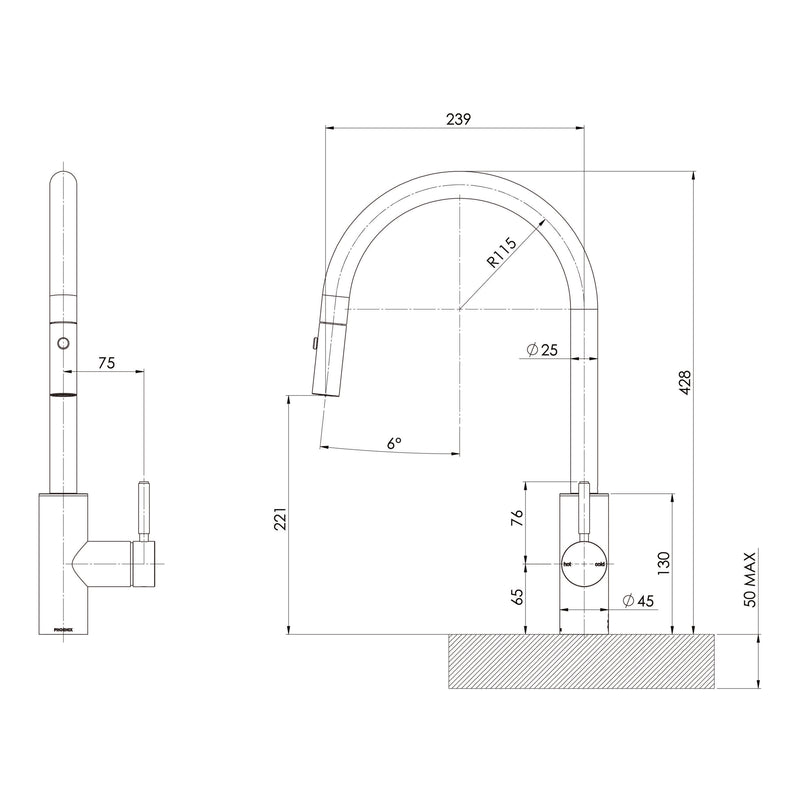 Phoenix Vivid MKII Pull Out Sink Mixer 240mm Gooseneck – Lead Free