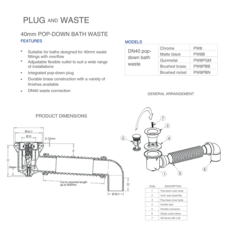 BATH Plug & Waste 40mm POP-DOWN Incl Connector