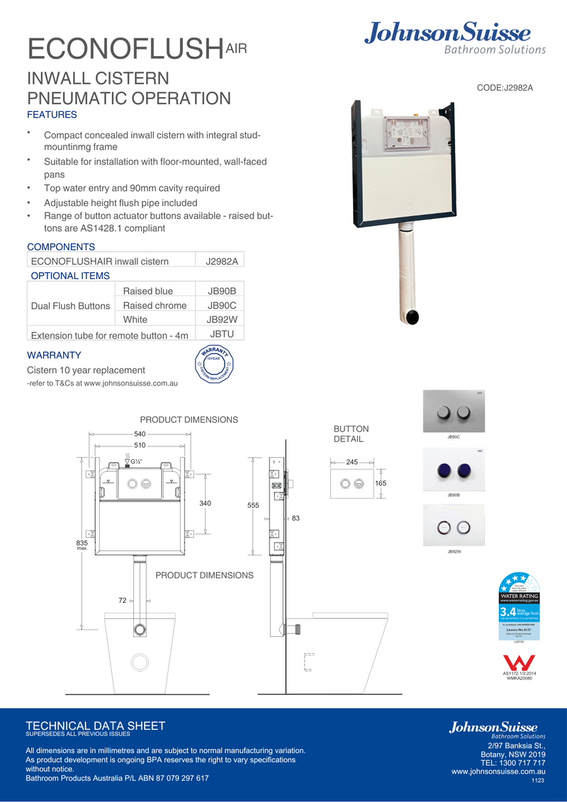 Johnson Suisse Econoflush Air In-Wall Cistern Boxed