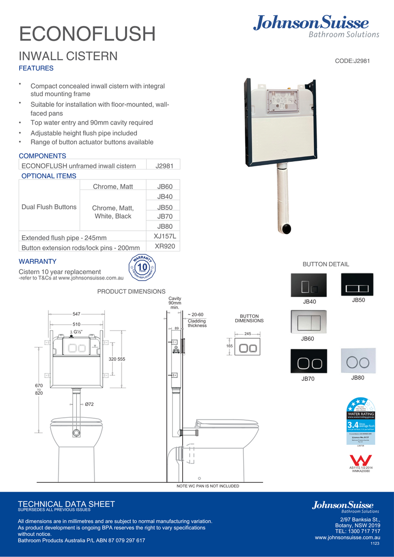 Johnson Suisse Econoflush In-wall Cistern Unframed