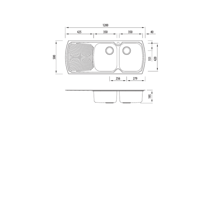 Oliveri Monet Double Bowl Topmount Sink with Drainer 1200mm