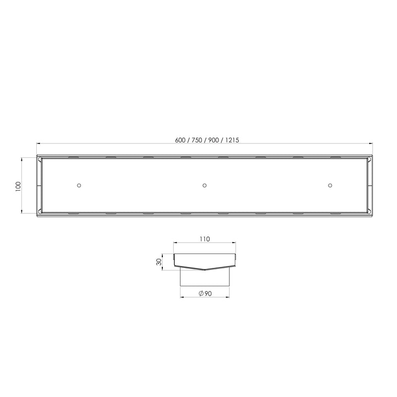 Phoenix V Channel Drain TI 100 x 600mm, 100 x 750mm, 100 x 900mm, 100 x 1215mm  Outlet 90mm