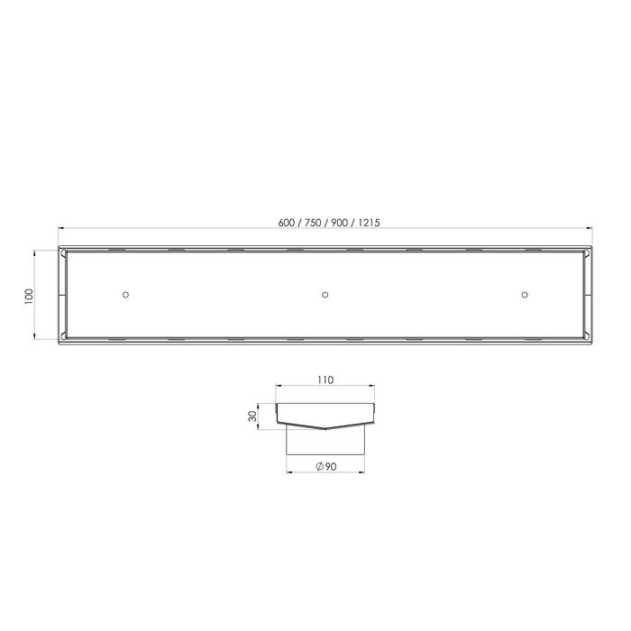 Phoenix V Channel Drain TI 100 x 600mm, 100 x 750mm, 100 x 900mm, 100 x 1215mm  Outlet 90mm