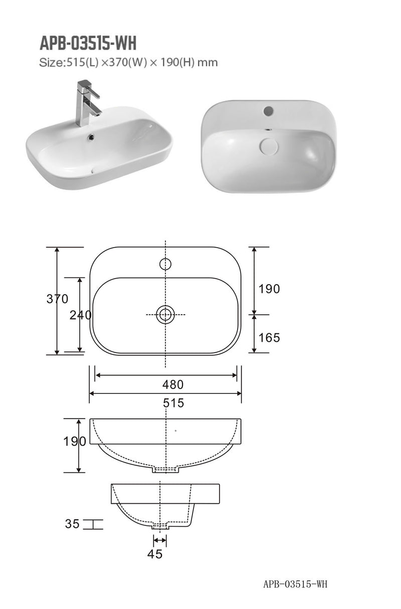 BNK Naga APB-03515-WH Drop In Basin Gloss White