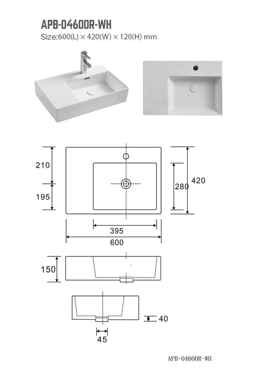 BNK NAGA APB-04600R-WH Above Counter Wall Hung Basin Gloss White