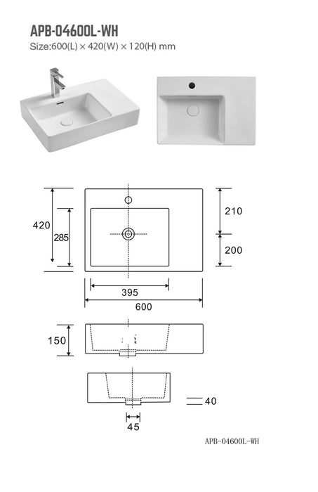 BNK NAGA APB-04600L-WH Above Counter Wall Hung Basin Gloss White