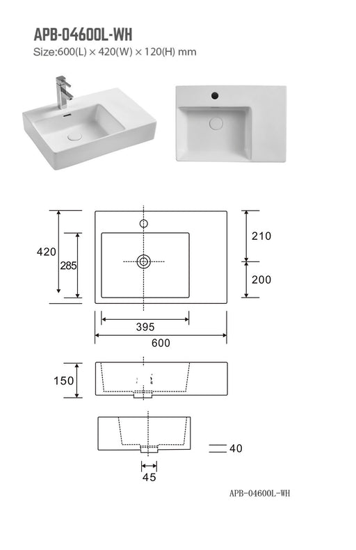 BNK NAGA APB-04600L-WH Above Counter Wall Hung Basin Gloss White