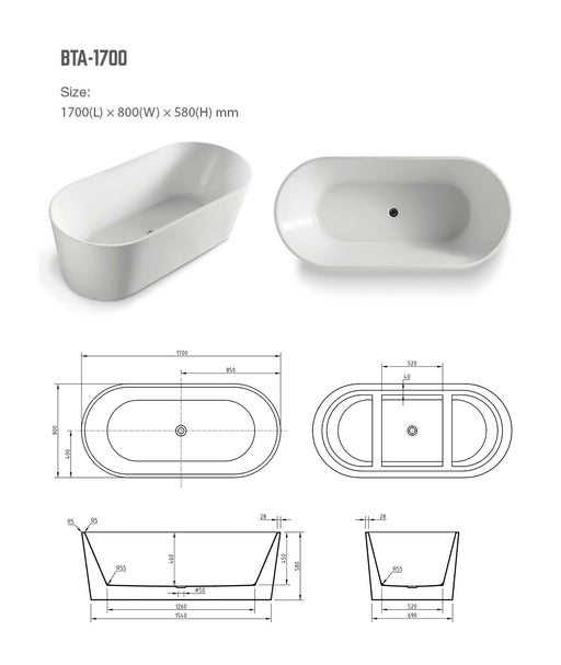 Prato Freestanding Acrylic Bath 1700mm Gloss White