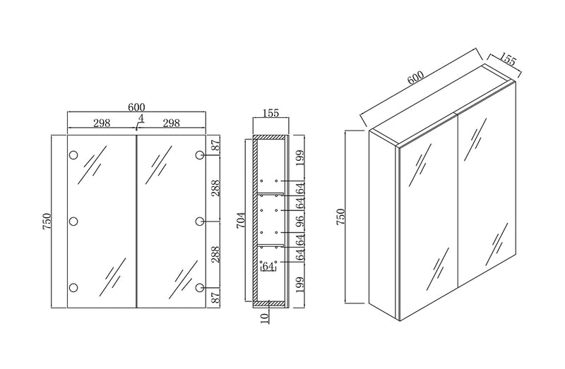 BNK Naga 600mm Shaving Mirror Cabinet  PVC  Pencil Edge