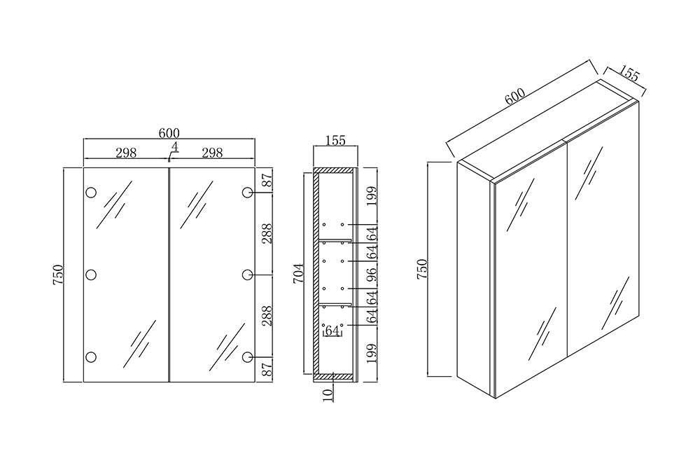 Naga 600mm Shaving Mirror Cabinet  PVC  Pencil Edge