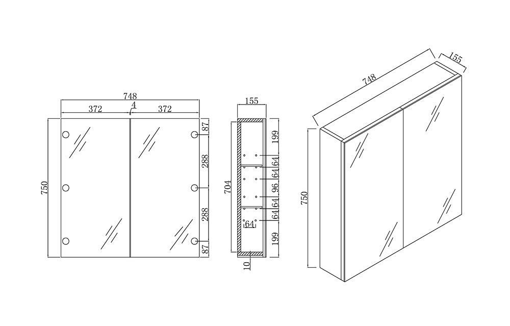 Naga 750mm Shaving Mirror Cabinet  PVC Pencil Edge