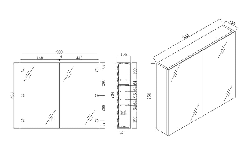BNK Naga 900mm Shaving Mirror Cabinet PVC Pencil Edge