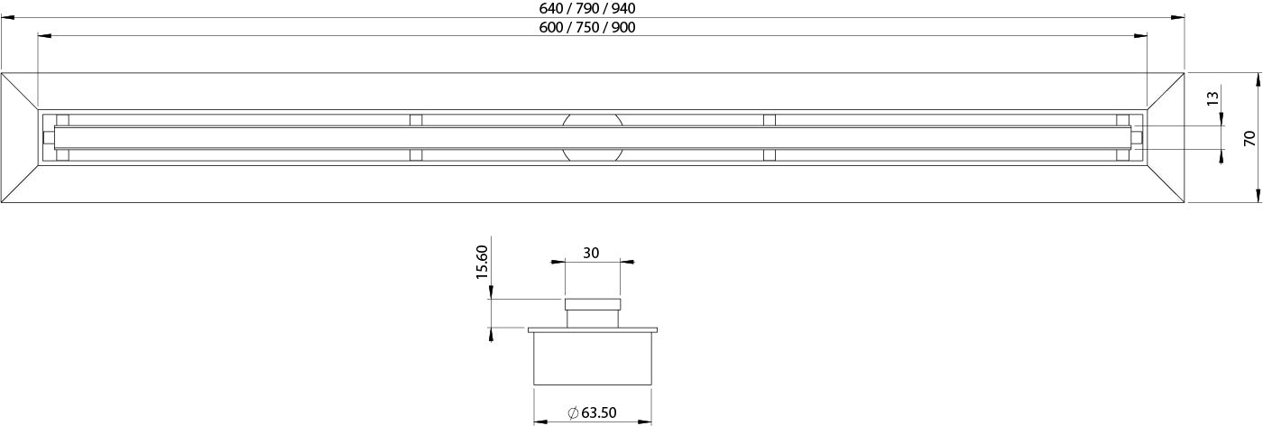 Phoenix Flat Slimline Channel Drain 30x600mm Outlet 65mm