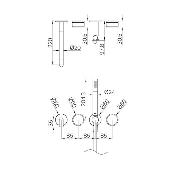 Nero Serenity Progressive Shower System with Spout with Arabescato Corchia Handle and Slim Shower Trim Kit (Requires In Wall Body 24C020)