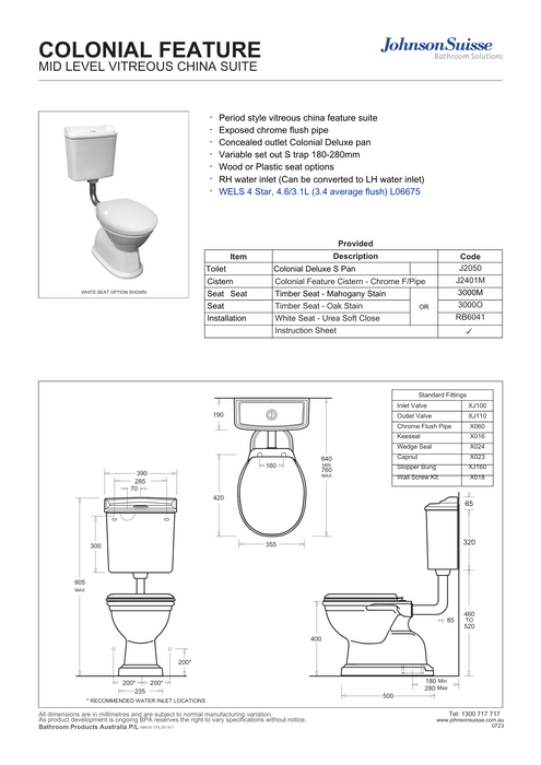 Johnson Suisse Colonial Feature S Trap Toilet Suite, Oak Seat