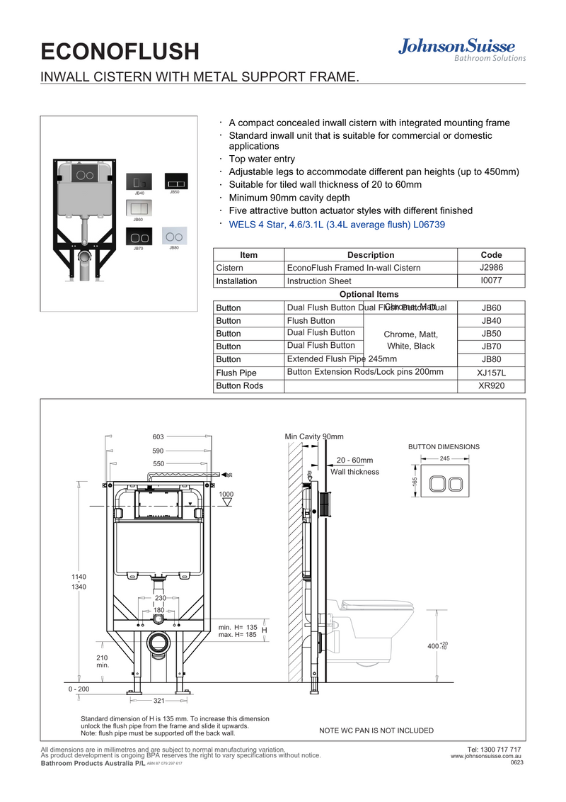Johnson Suisse Econoflush In-Wall Cistern FRAMED