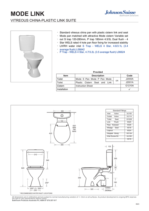 Johnson Suisse Mode Plastic Link Toilet Suite P Trap