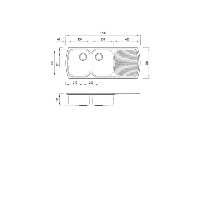 Oliveri Monet Double Bowl Topmount Sink with Drainer 1200mm