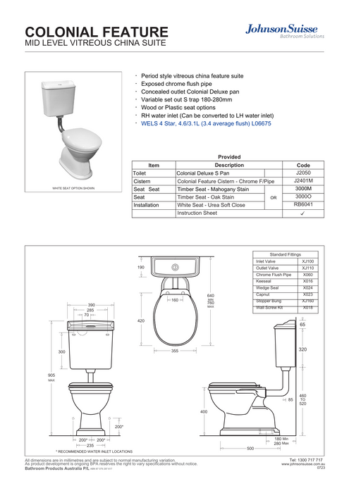 Johnson Suisse Colonial Feature S Trap Toilet Suite, White Seat
