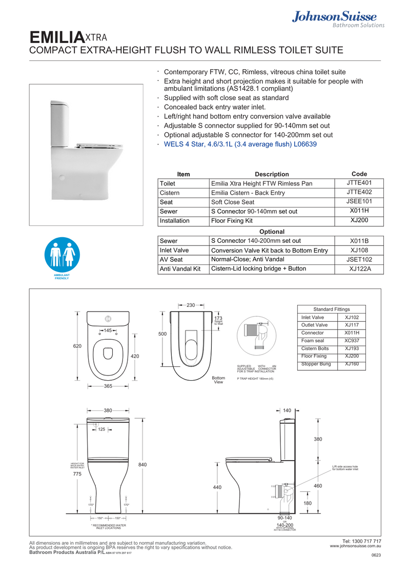 Johnson Suisse Emilia Xtra Rimless FTW Toilet Suite