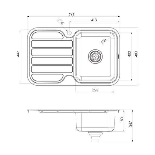 Phoenix 1000 Series Single Right Hand Bowl Sink with Drainer and Taphole