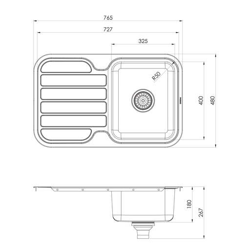 Phoenix 1000 Series Single Bowl Sink with Drainer and No Taphole