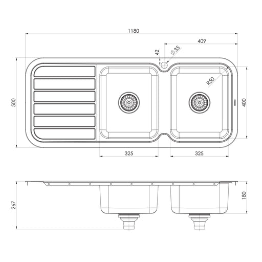 Phoenix 1000 Series Double Right Hand Bowl Sink with Drainer and Taphole