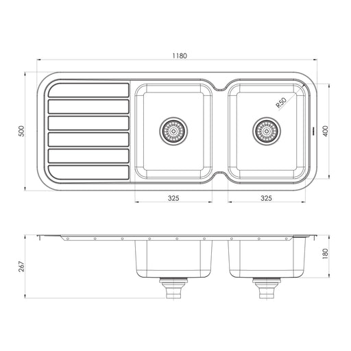 Phoenix 1000 Series Double Bowl Sink with Drainer and No Taphole