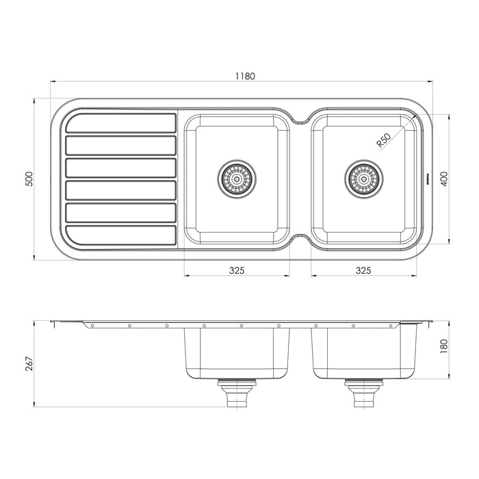 Phoenix 1000 Series Double Bowl Sink with Drainer and No Taphole