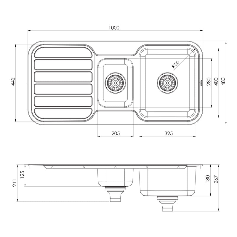 Phoenix 1000 Series 1 and 1/3 Bowl Sink with Drainer and No Taphole