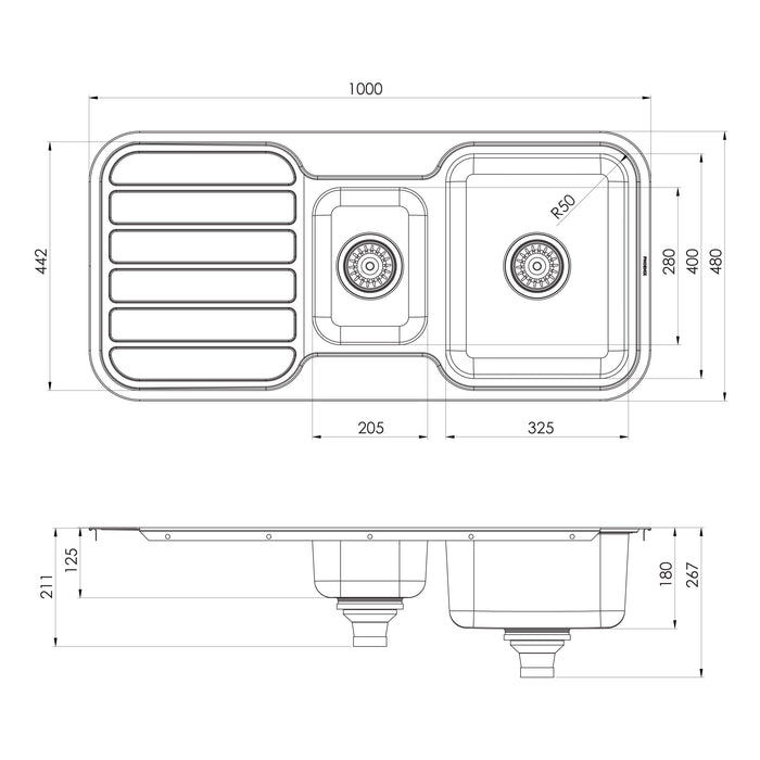 Phoenix 1000 Series 1 and 1/3 Bowl Sink with Drainer and No Taphole