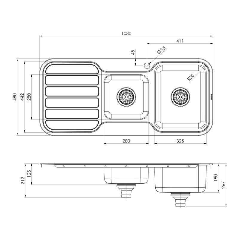 Phoenix 1000 Series 1 and 3/4 Right Hand Bowl Sink with Drainer and Taphole