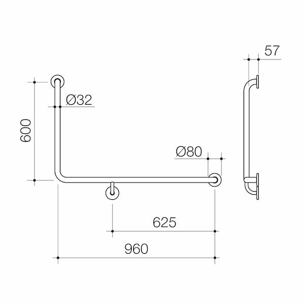 Caroma Care Care Support Grab Rail - 90 Degree Angled 960x600 RH - Stainless Steel