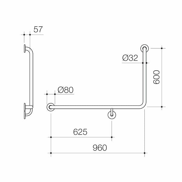 Caroma Care Support Grab Rail - 90 Degree Angled 960x600 LH - Stainless Steel