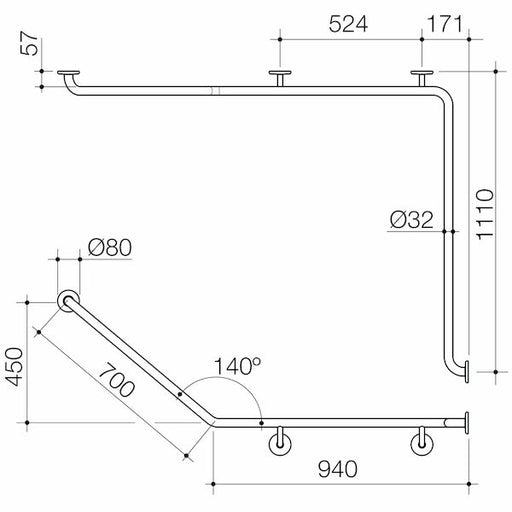 Caroma Care Support Grab Rail - 140 Degree Angled 1110x940x700 RH - Stainless Steel