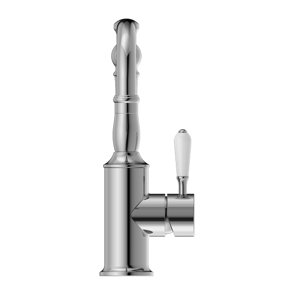 Nero York Basin Mixer Hook Spout with White Porcelain Lever