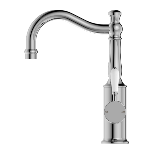 Nero York Basin Mixer Hook Spout with White Porcelain Lever