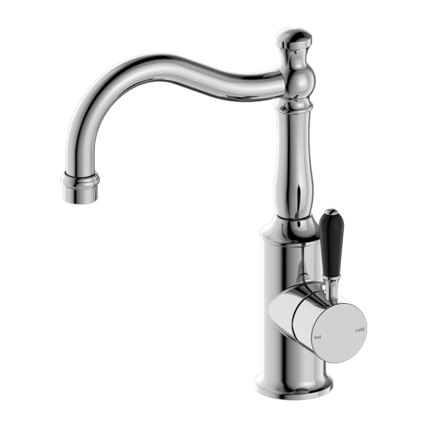 Nero York Basin Mixer Hook Spout with Black Porcelain Lever