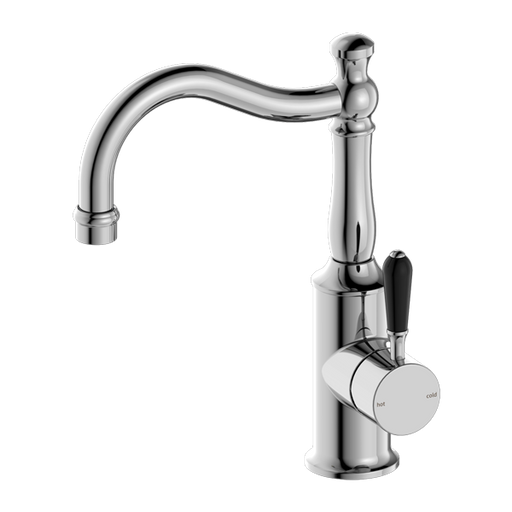 Nero York Basin Mixer Hook Spout with Black Porcelain Lever