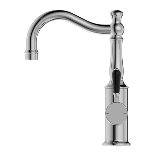 Nero York Basin Mixer Hook Spout with Black Porcelain Lever